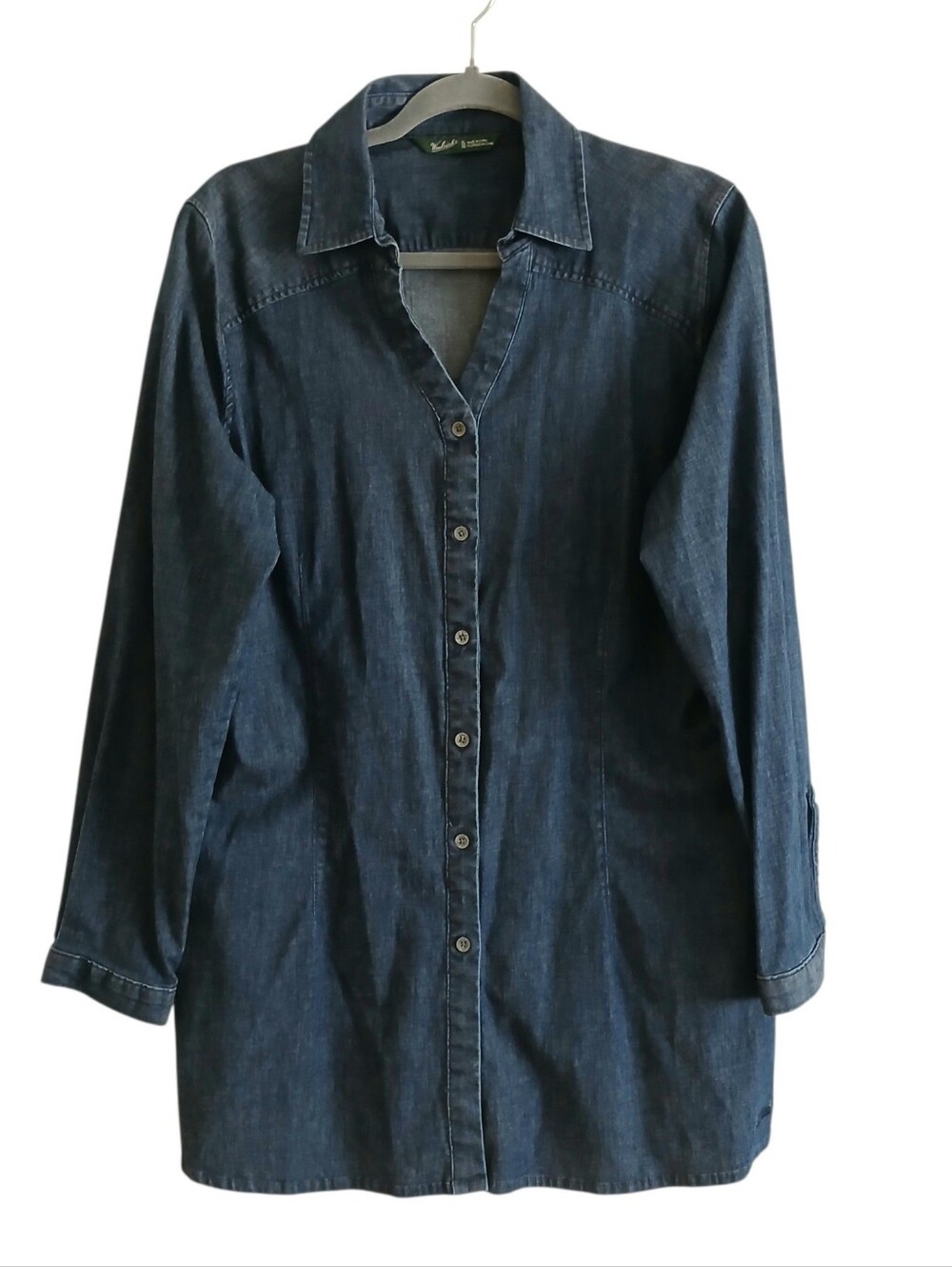 WOOLRICH Denim Tunic Women's XL Long Sleeve Embroidered Logo V Neck Cotton